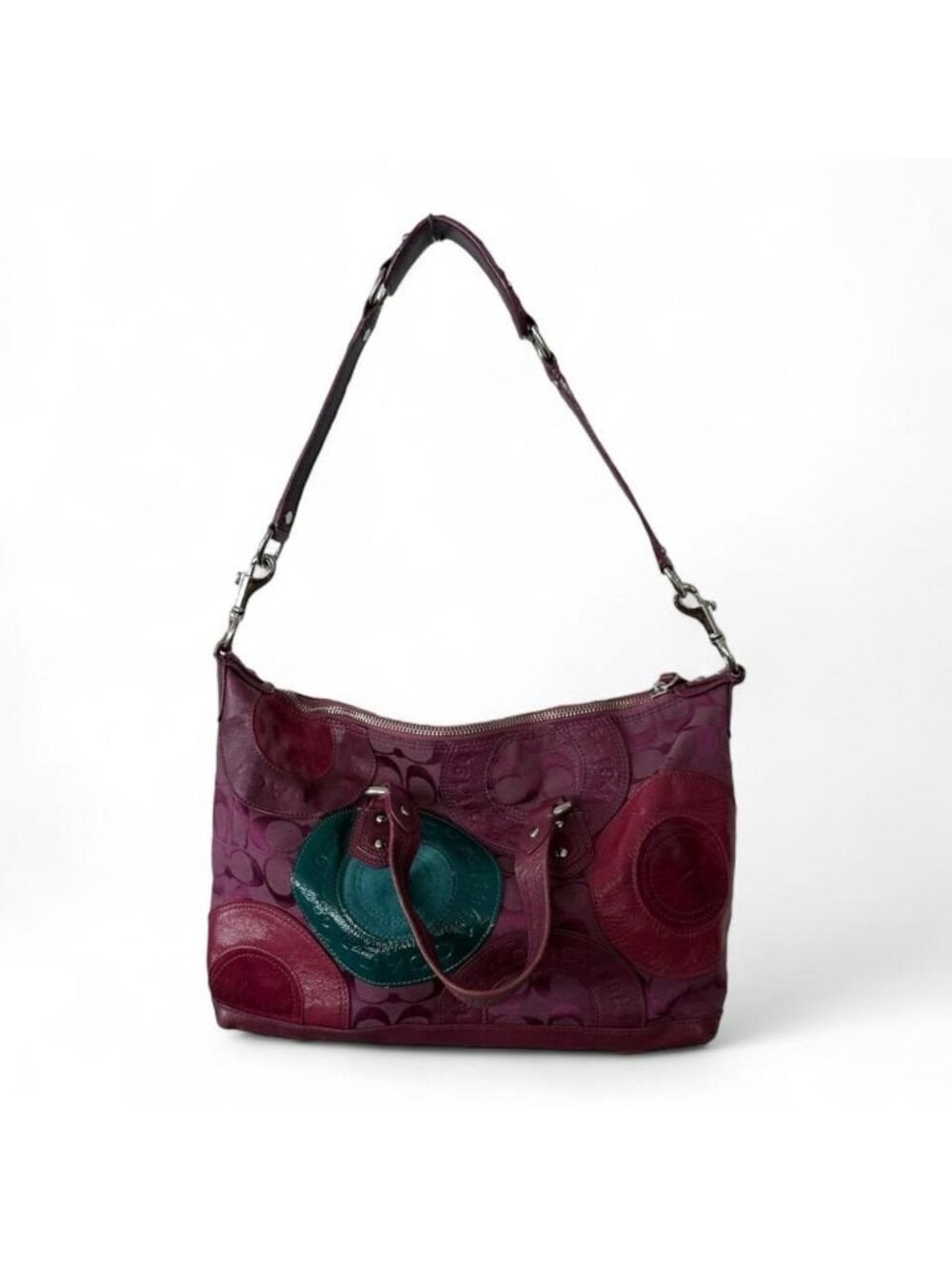 Coach Ashley Pieced Patchwork Satchel in Plum & Teal | Style 15474